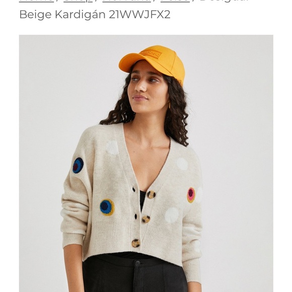 Desigual Sweaters - Desigual Beige Cardigan with White and Embroidered Polka Dots